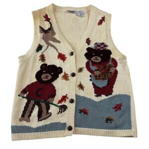 Vintage Cottagecore Knit Vest, Size M Petite, Bears Fall Leaves Autumn, Capacity